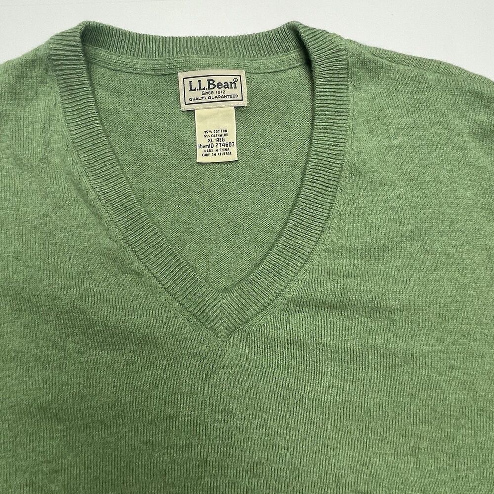 LL Bean Sweater Green Cotton Cashmere V-Neck Men's Size XL-Reg